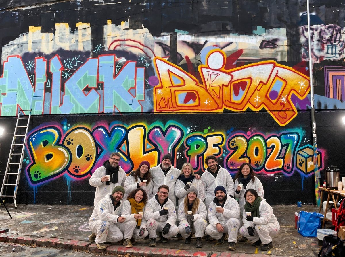 Tým v bílých ochranných oblecích před hotovou graffiti stěnou